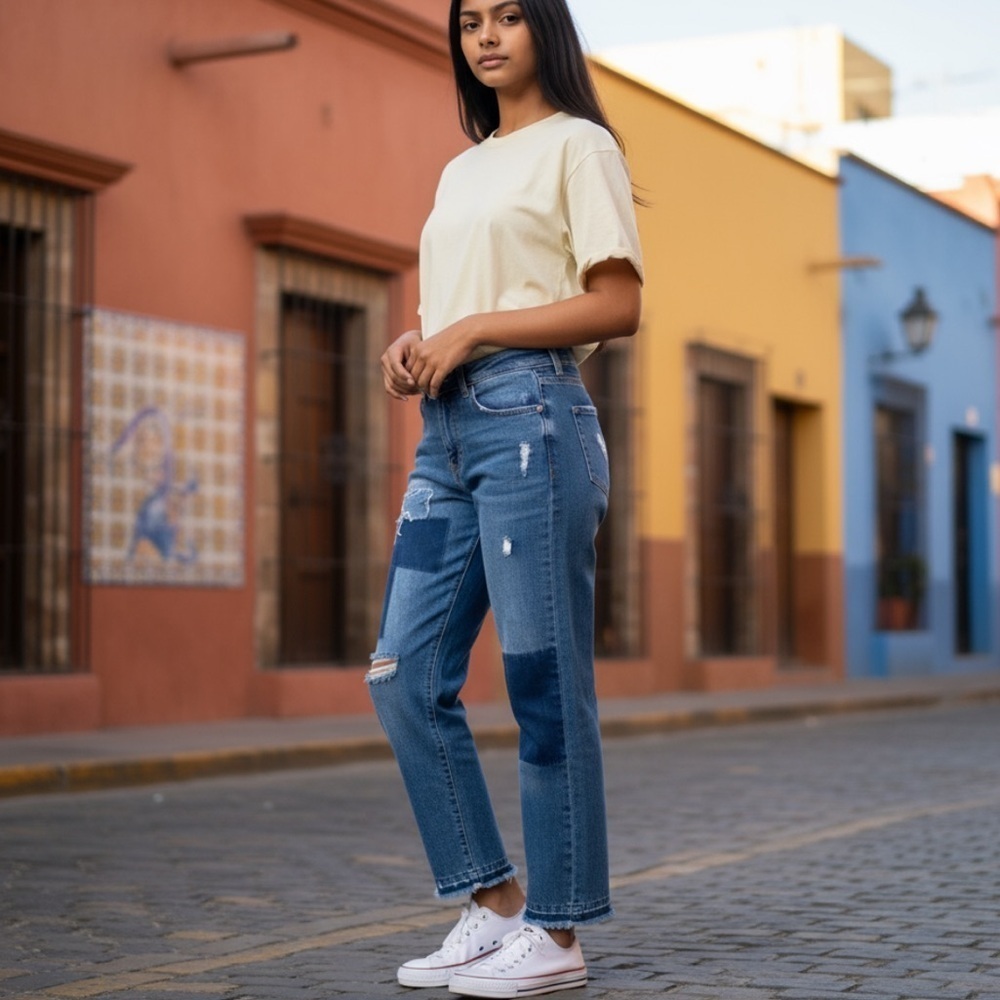 High rise patchwork cropped faded raw hem jeans 27